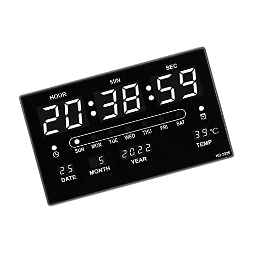 特大の壁時計、日付と温度のLEDディスプレイカレンダー付き、高齢者向けの正確なミュート電子目覚まし時計, ホワイトナンバー