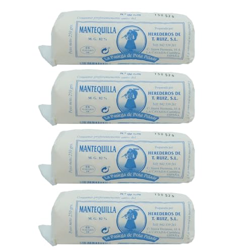 LA PASIEGA DE PEÑA PELADA Mantequilla Artesanal, PACK DE 4 Rulos de 250 gr (aprox) en Papel Sulfurizado, 82% Materia Grasa, Sabor Tradicional y Natural - Origen Cantabria