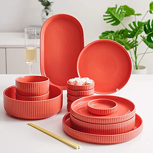 SQMGFA Juego de vajilla de Cocina, Juego de vajilla de cerámica, tazón para Cereales, 35 Piezas, Estilo nórdico, Color Caramelo, Juego de Porcelana Combinado para Boda, Rojo (Amarillo)