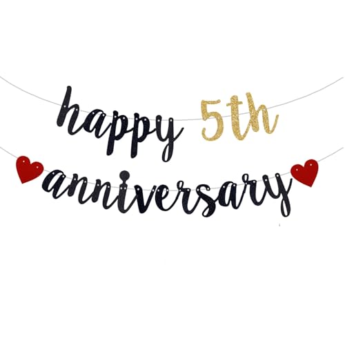 QFiesy Happy 5th Anniversary Banner, 5th Wedding Anniversary & Birthday Party Bunting Decoration (Black & Gold, 118 inches x 18 inches, Pre-Strung)