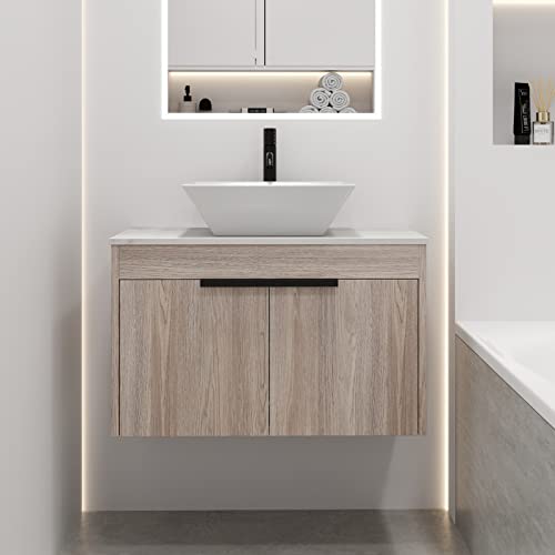 Ssline 30" Bathroom Vanity With Square Sink Wall Mount Small Bathroom Vanity Cabinet With Marble Top & Above Counter Ceramic Vessel Sink White Oak Wooden Bathroom Vanity Basin Combo For Small Space #TOP9