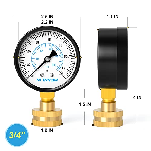 Image of MEANLIN MEASURE 0-150psi Water Pressure Gauge,3 /4 inch Female 2.5 inch FACE DIAL Water Pressure Test Gauge with Sealing Ring, Water Pressure Gauge for Home