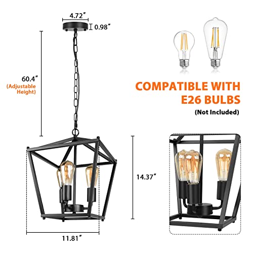 Unicozin Black Lantern Pendant Light, 3 Lights Farmhouse Chandelier Fixture With Metal Cage, Adjustable Height Industrial Hanging Lights E26 Base For Kitchen Island, Bedroom, Entryway, Foyer #TOP4