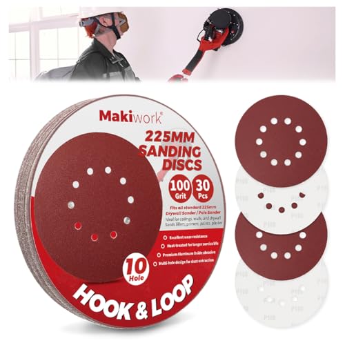 Image of Makiwork 30PCS 225mm 10-Hole 100 Grit Hook & Loop Sanding Discs – Heavy-Duty Aluminum Oxide Sandpaper for Drywall Sander, Paint Removal, Wood & Metal Surface Prep