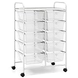 COSTWAY 10 Drawers Storage Cart, Multipurpose Mobile Organizer Shelving Unit with Handle, Removable Drawers & Lockable Wheels, Utility Rolling Trolley for Home Office Beauty Salon (Clear)