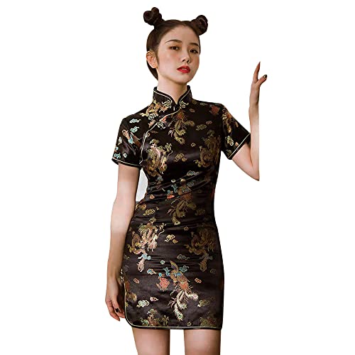 Cheongsam Dress for Women Chinese Bodycon Qipao Short Sleeve Slim Fit Club Dress Cosplay Halloween Evening Dragon Black