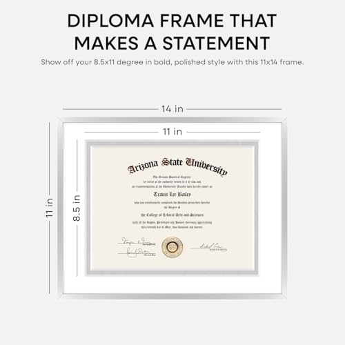 Image of Homeforia 11x14 Diploma Frame Silver, High End Metal 11 x 14 Certificate Frames with Mat 8.5 by 11, 11by14 Document Frame Matted to 8.5x11, Award Graduation Frames, Tempered Glass, Wall Kit, Set of 2