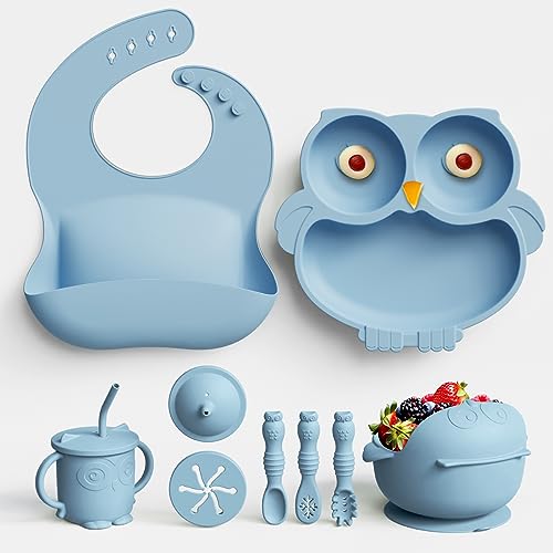 Image of Baby Led Weaning Supplies, 10 Pack Silicone Baby Feeding Set - Baby Bowls and Plates with Suction, Toddler Spoons and Fork, Toddler Cups with Replaceable Lids (Blue)
