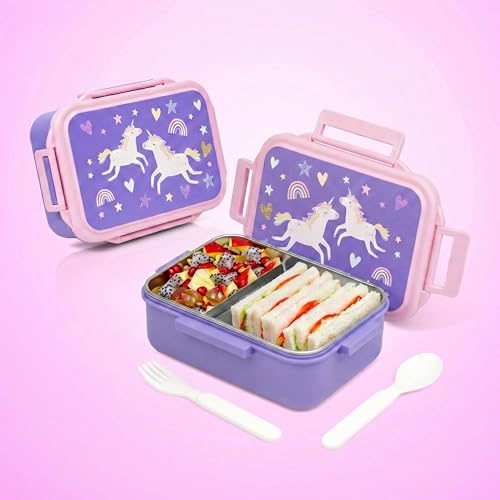 Image of Tiffin Box for School - Lunch Box for Kids Boys - Snacks Boxes for Girls - 900 ml Stainless Steel Tiffin Box, Leak-Proof 4-Side Locks, BPA-Free Food-Grade Material with Removable Divider, Unicorn