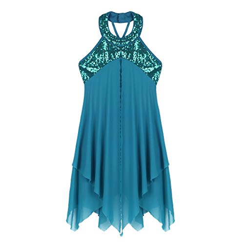 inhzoy Girls Lyrical Dance Dresses Leotards Ballet Tutu Skirted Halter Sequins Modern Contemporary Dance Dress Turquoise 10-12