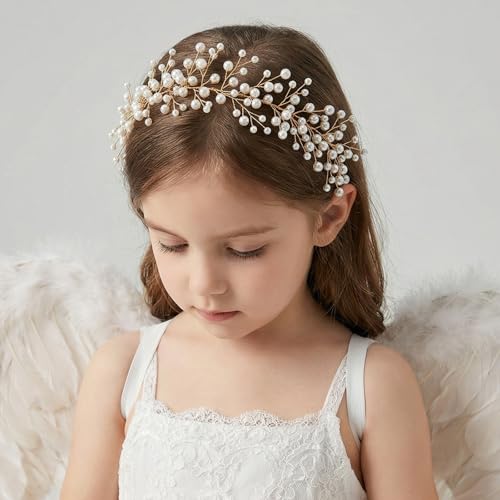 SWEETV Pearl Flower Girl Headpiece Gold Crown Headband First Communion
