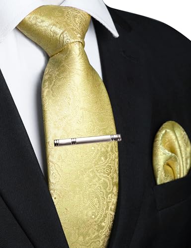 Image of RBOCOTT Silk Stripe Plaid Tie and Pocket Square with Tie Clip Sets for Men