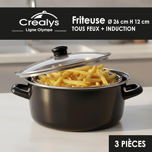Miniatura 5 de Crealys 545413 - Freidora Tradicional De Acero Esmaltado 26 Cm De Diámetro, Incluye Cesta Estañada Tapa De Cristal, Incluye Inducción