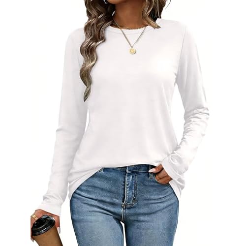 CHICGAL Women Long Sleeve Shirts Casual Dressy Crew Neck Soft Basic Tee Loose Fit Tunic Tops Small A White