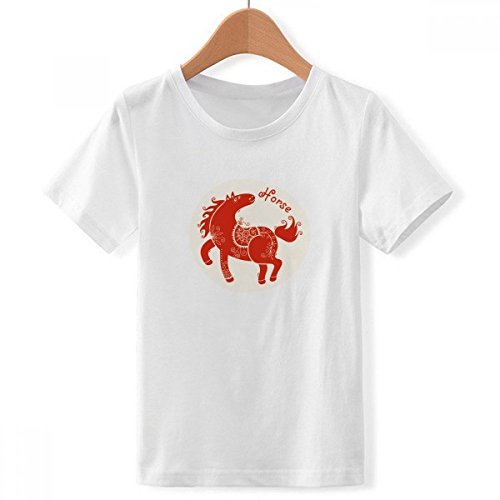T-shirt Rouge col Blanc Cheval Zodiaque Chinois : Confort Grand Garçon