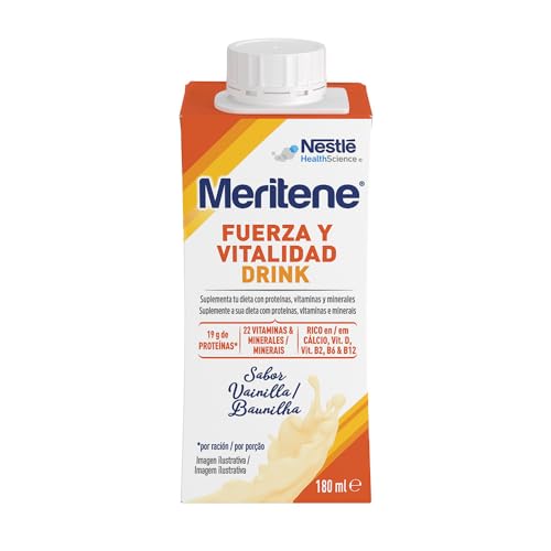 Meritene, Fuerza y Vitalidad Drink, Sabor Vainilla, Listo para Tomar, Fuerza para tus Músculos, Vitalidad para ti, Batido con Proteínas, Vitaminas y Minerales, 6 Unidades, 180 ml