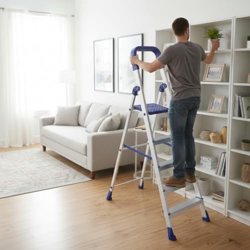 Image of BRANCO Home Pro Ladder 5 Step Ladder for Home Use | Heavy Duty Folding Aluminium Finish Ladder |150 kg Capacity | Home-Foldable | Anti-Skid Shoes | with Sure-Hinge Technology | (5 Years Warranty)