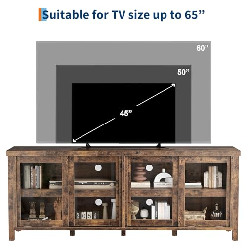 Image of 65 Inch TV Stand for Televisions Up to 70 Inches, Modern Entertainment Center with Storage, 4 Sliding Glass Doors, Mid-Century Style Media Console for Living Room,Retro Brown