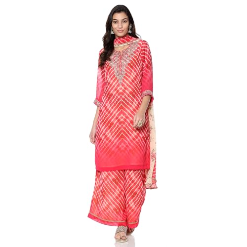 Image of BIBA Women Georgette Straight Embroidered Suit Set