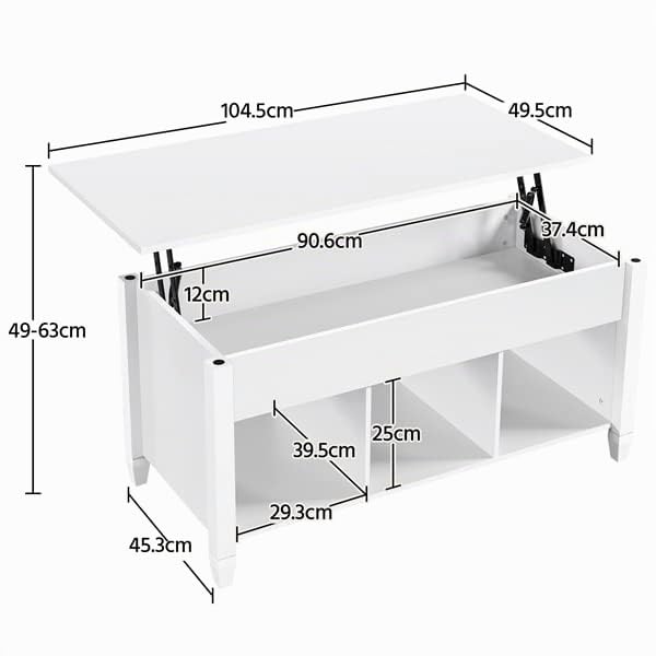 Abician Table Basse Relevable et Rectangulaire en Bois, 1 Grand Compartiment Caché, 3 Compartiments Ouverts, Pied en Bois Massif, Style Minimaliste, Maison, Salon Blanc