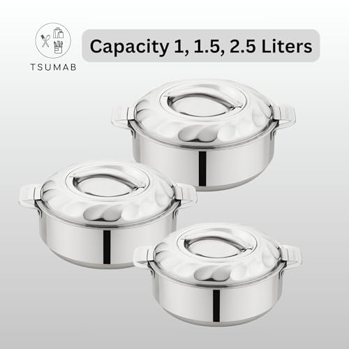 Image of Stainless Steel Casserole with Lid, Set of 3 (1000 ml, 1500 ml, 2500 ml), Double Wall Insulated Hotpot, Keeps Food Hot & Fresh, Durable Heavy Duty, Ideal for Roti, Rice, Curry, Biryani - Silver