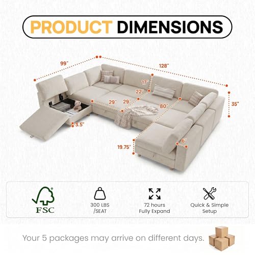 Image of 157 inch Modular Sectional Sleeper Sofa, 10 Seaters Chenille Modular Sectional Sofas, Sleeper Sofa Bed with Storage & Ottoman, Sleeper Couch with Removable Covers, Beige Sectional Couches for Living Room