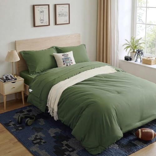 Anluoer Twin Comforter Set 5 Pieces Olive Green Bed in a Bag with Sheets All Season Bedding Sets with 1 Comforter 1 Pillow Sham 1 Pillowcase 1 Flat Sheet 1 Fitted Sheet
