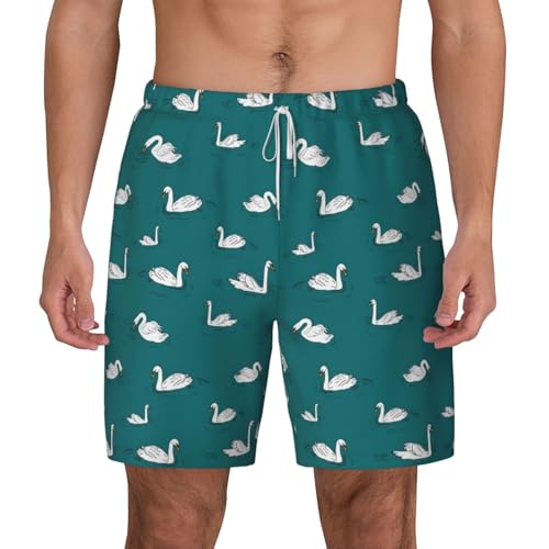 Men's Cute Swans Print Quick-Dry Mesh Swim Trunks Stretch Lining Beach Shorts Surfing Summer Vacations White2