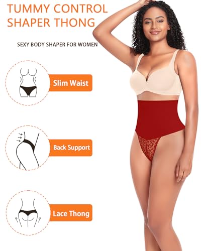 Image of Womens Thong Shapewear Mid to High Waisted Shaper Thong WN0017(04#D Red#lace mid waist wire,Large)
