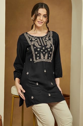 Image of Janasya Women's Rayon Embroidered Straight Short Kurti