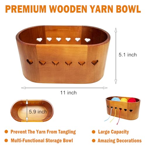 Image of Wooden Yarn Bowl for Crocheting and Knitting, Large Yarn Storage Crochet Bowl, Handmade Yarn Holder Bowl with Heart-Shaped Holes on Both Sides