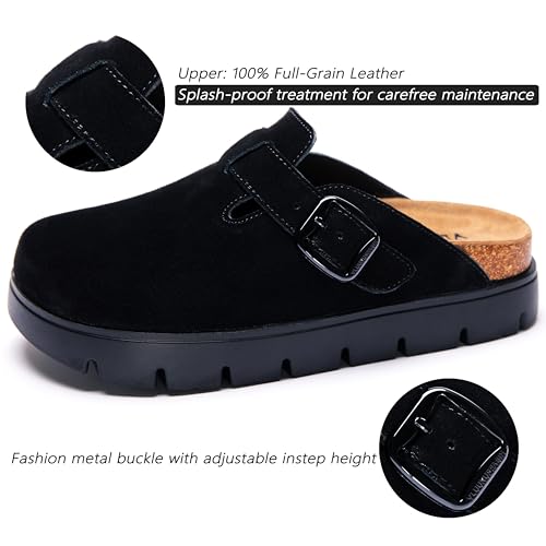 Image of Women's Suede Platform Clogs Leather Mules Slip On Indoor Outdoor Shoes | Arch Support, Cork Footbed, Adjustable Buckle,Water Resistant Upper,All Day Comfort