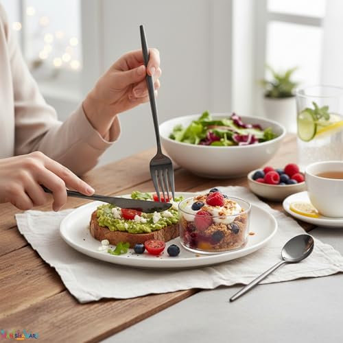 Image of Slim Handle Black 4 Pcs Stainless Steel Cutlery Set for Dining Table, Dishwasher Safe Glossy Flatware (1 Spoon Set + 1 Forks Set + 1 Butter Knife + 1 Dessert Spoon)