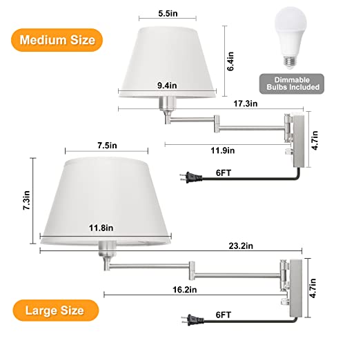 Image of TRLIFE Dimmable Wall Sconce with Remote Control, Adjustable Color Temperature 2700K-6500K and Dimming 10-100% Swing Arm Wall Lights with Plug in Cord, 11.8 inch Large White Fabric Shade(2 Pack, 2 Bulbs)