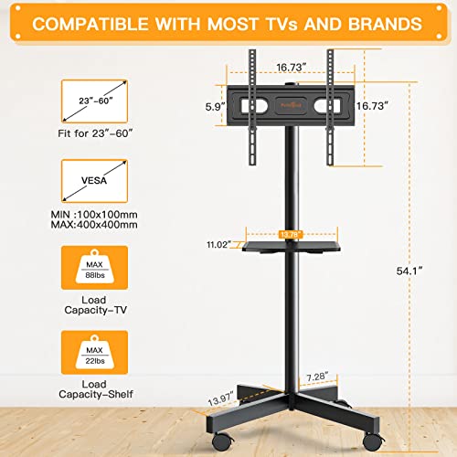 Perlegear TV Ständer Rollbar, Mobiler TV Ständer mit Rollen für 23–60 Zoll LCD/LED Fernseher TV Rollwagen mit Tablett Höhenverstellbar & Stabil Home Display TV Trolley bis 40kg, Max. VESA 400x400mm