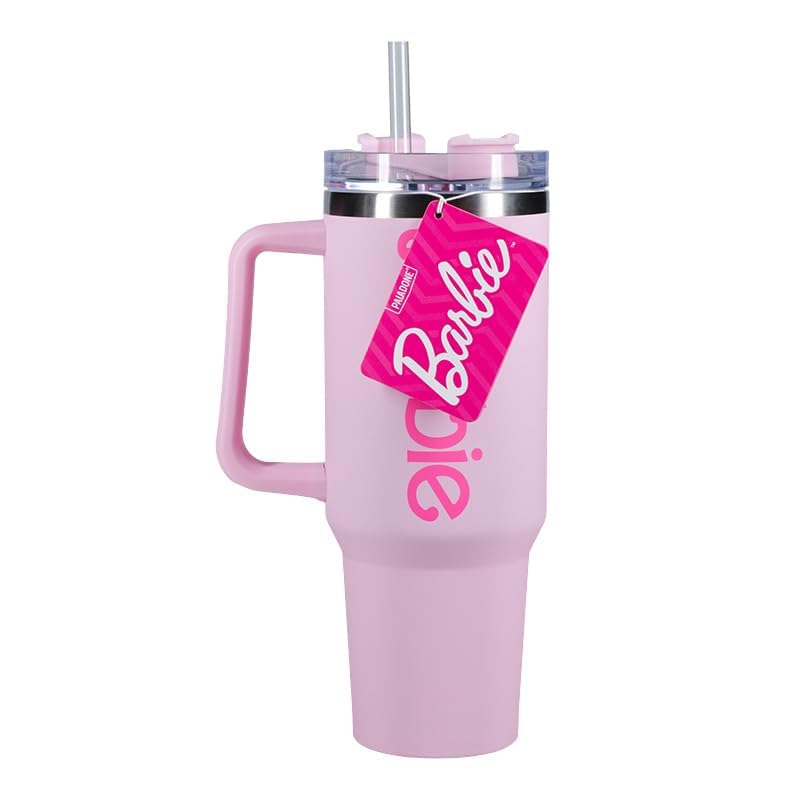 Paladone Barbie - Botella H2O con licencia oficial con logotipo rosa, vaso aislado al vacío de acero inoxidable con tapa y popote para agua, té helado o café