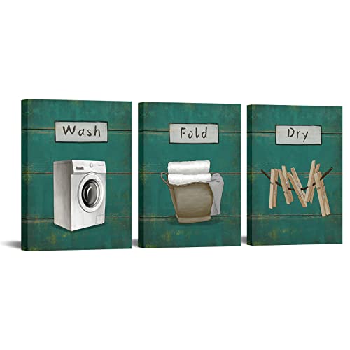 RnnJoile 3 Stück Waschraum-Wanddekoration, Waschfalz, Trockenschild, Wandkunstdrucke, grüner Holzhintergrund, Artowrk für Bauernhaus, Hauswäsche Cover