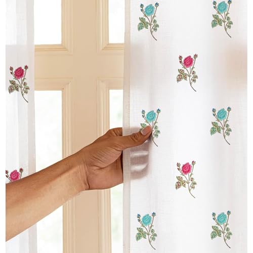Image of LINENWALAS Printed Decorative Cotton Sheer Curtains 5 Feet Long Set of 2 Panel, Grommet Hanging, Rose Symphony Curtains for Children Room, Living Room, Home Decor (L-8 x W-4.5 Feet)