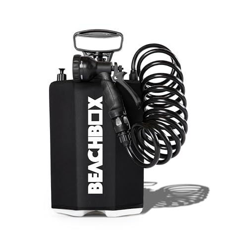 BeachBox 5 L Portable Shower for Camping with 5-Mode Spray Gun | Hand Pump (40–50 PSI), Neoprene-Insulated 7 ft Hose, Screw-Top Lid & Valve | Outdoor Portable Camp Shower (Black)
