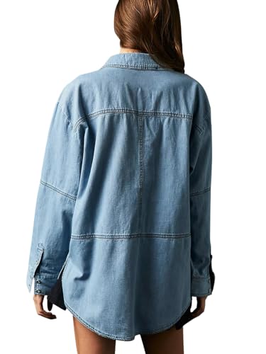 Fazortev Women's Denim Pullover Casual Button V Neck Blouse Loose Fit Long Sleeve Jean Jacket With Pocket2