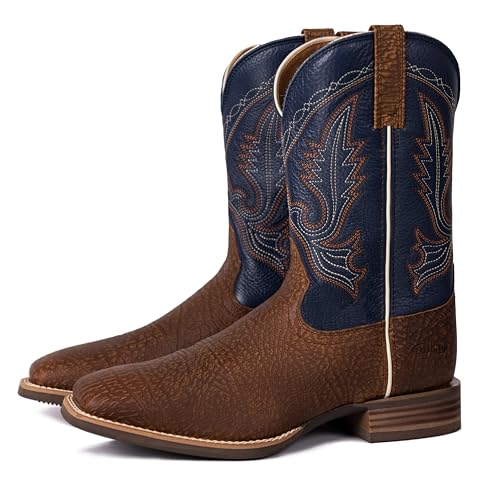 Image of Palitutu Men's Western Cowboy Boots, Fashionable Embroidered Full Grain Leather, Square Toe Pull-On, 4-Layer Composite Sole, Slip-Resistant Work & Riding Boots
