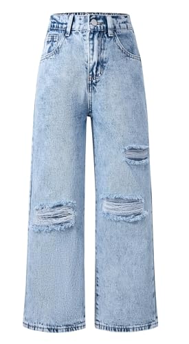 SEAUR Kids Ripped Jeans Girls Casual Washed Wide Leg Jeans Loose Fit Elastic Waist Denim Pants Cotton Trousers with Pockets