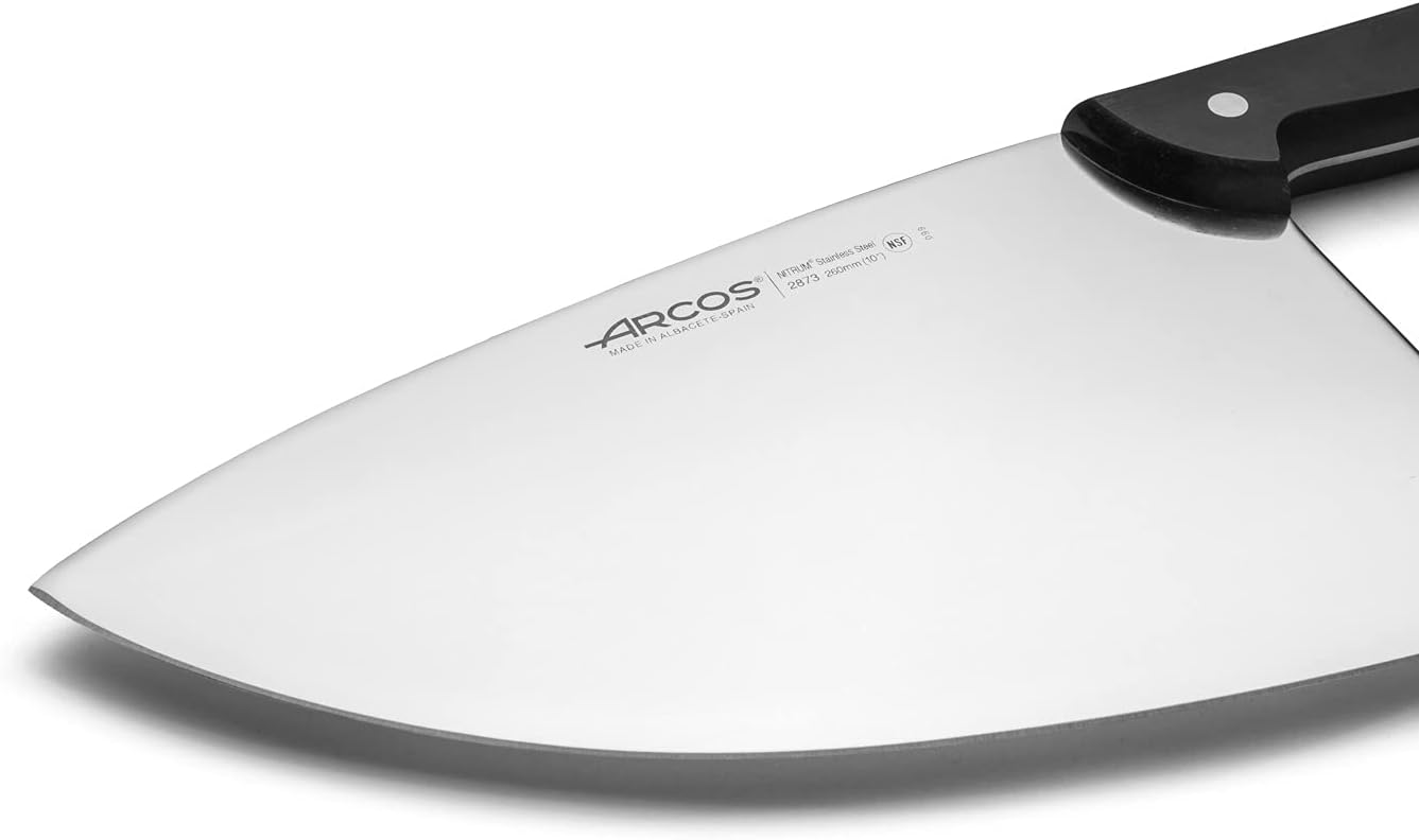 ARCOS Cleaver Knife 10 Inch - Nitrum Stainless Steel and 260 mm blade. 730 gr. Prolonged and heavy use. Ergonomic Polyoxymethylene POM Handle. Series Universal. Flexible blade.Smooth edge. Color Black