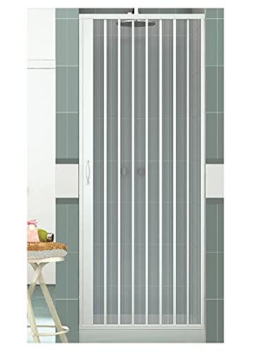 Douchewand van PVC nis breedte 70-150 cm, hoogte 185 cm model VERA, wit, douchedeur zijdelingse opening een vouwdeur, in te korten (breedte 75 cm, hoogte 185 cm