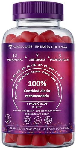Gominolas Multivitaminas de fresa con 12 Vitaminas, 7 Minerales y 3 Probióticos - 100% cantidad recomendada diaria - 1 Gominola al día (2 meses) - La única con una fórmula tan completa