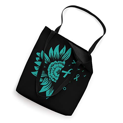 Bolsa tote de tela con cinta de concienciación sobre el cáncer de ovario en color verde azulado y diseño de girasol miniatura 2