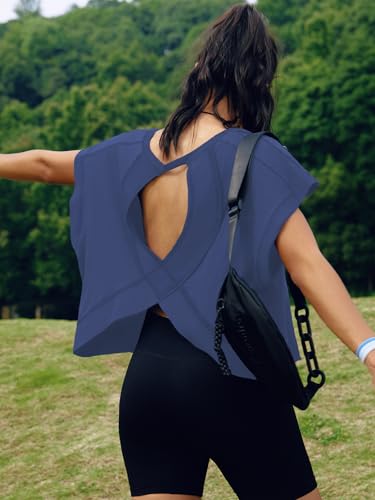 Image of SENSERISE Womens Open Back Workout Tops Backless Short Sleeve Athletic Shirt Running Crop Top Gym Yoga Tee