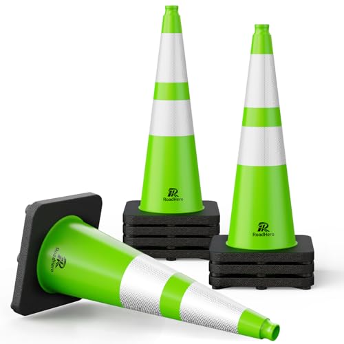 RoadHero 8 Pack Traffic Safety Cones 28 Inch with Black Weighted Base Plastic PVC Lime Green Cone with Reflective Collar Cones for Parking Lot Construction Events Road Safety