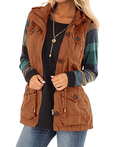 Koodred Colete utilitário militar casual feminino, leve, sem mangas, com cordão, com bolsos, Marrom,