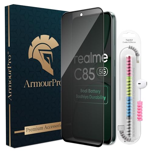 Image of ArmourPro Privacy Tempered Glass for Realme C85 / Realme 15x and Narzo 90x, Anti Spy Anti Peeping Screen Protector, Edge-to-Edge Full Coverage, 9H Hardness with Cable Protector | Black